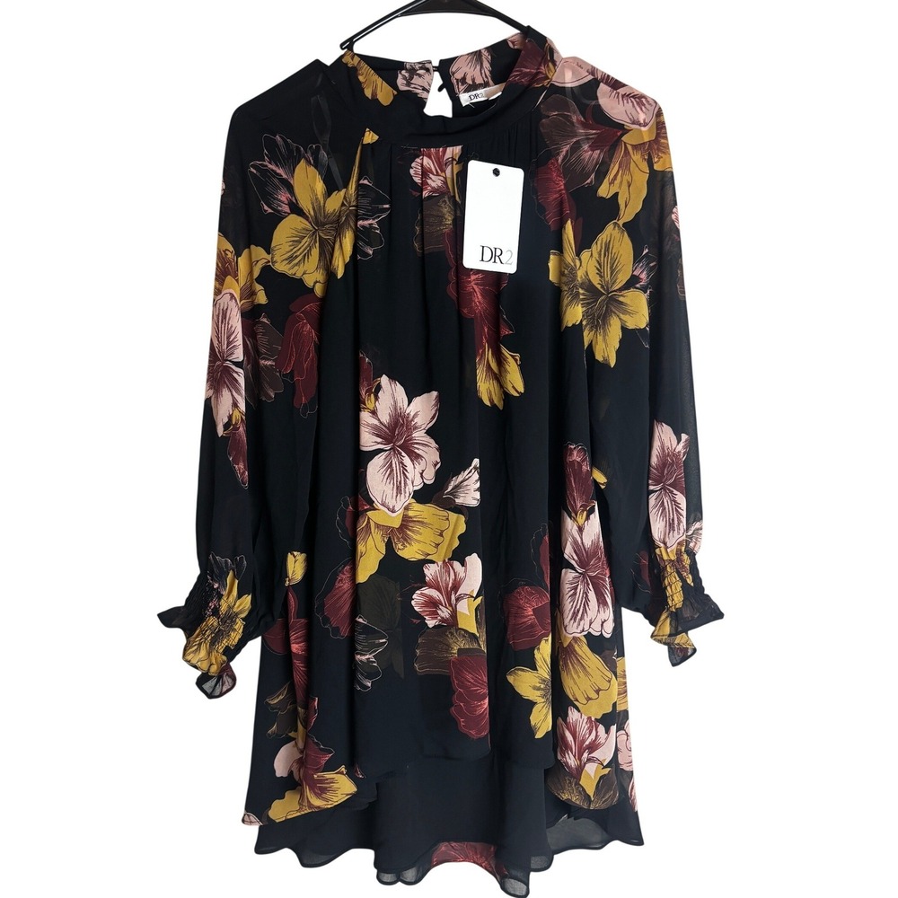 DR2 Womens Floral Mock Neck Chiffon Mini Dress Black Mustard Burgundy DR21153PG1
